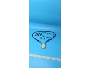 Black Tourmaline Beaded Necklace with Turquoise Pendant and Matching Earrings